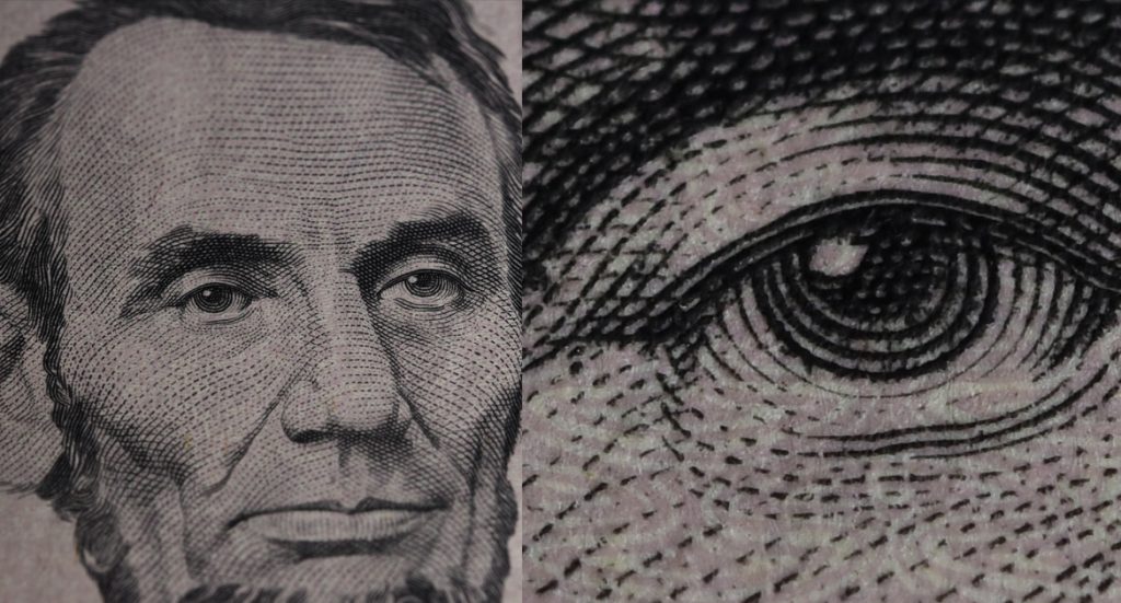 Lines on Lincoln's face on a $5 bill