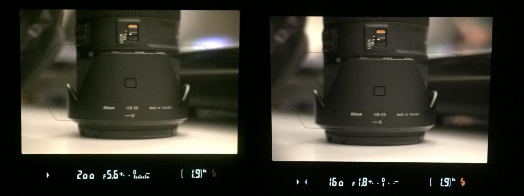 Left: Settings in viewfinder with metering indicating underexposure. Right: Settings in viewfinder with metering indicating proper exposure.