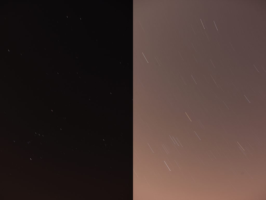 Left: Shot with a 30-second shutter speed. Black sky has no visible artificial light in it. Short star trails. Right: Shot with a several minute exposure. Very pronounced star trails but has an orange tint from street lights nearby. The trails are not smooth due to slight movements on the tripod.